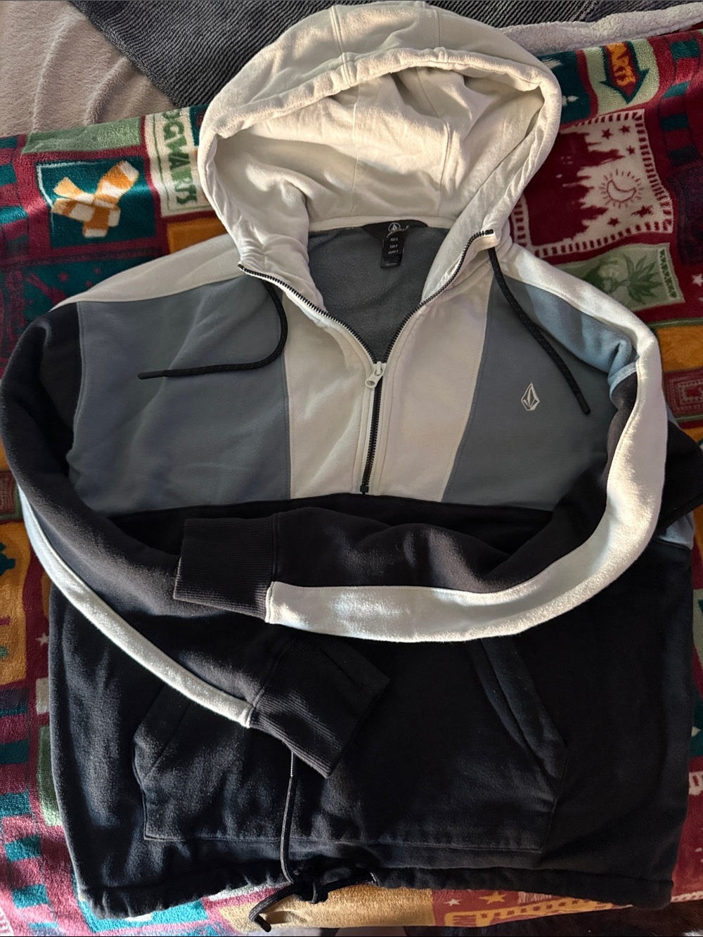 Volcom Colorblock Hooded Half Zip Sweatshirt - Black, Blue-Gray & White